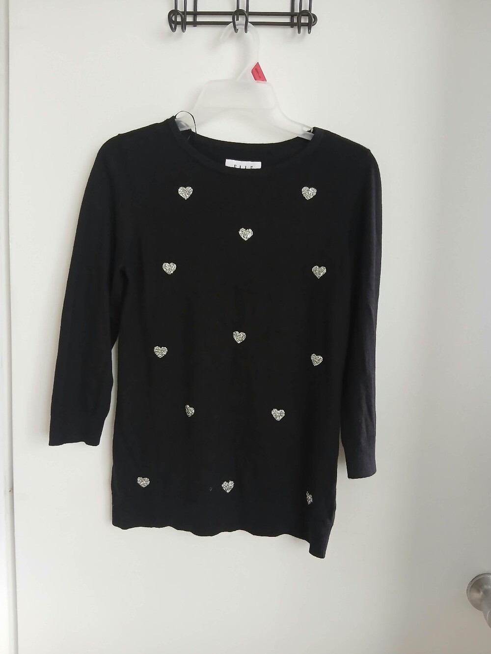 Elle Black Crewneck Sweater with Silver Heart Embellishments